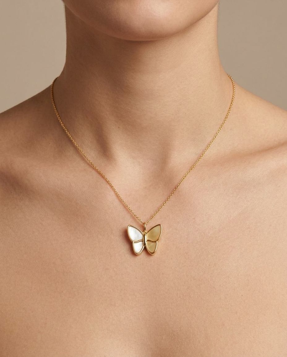 14KT Yellow Gold Butterfly Pendant on model