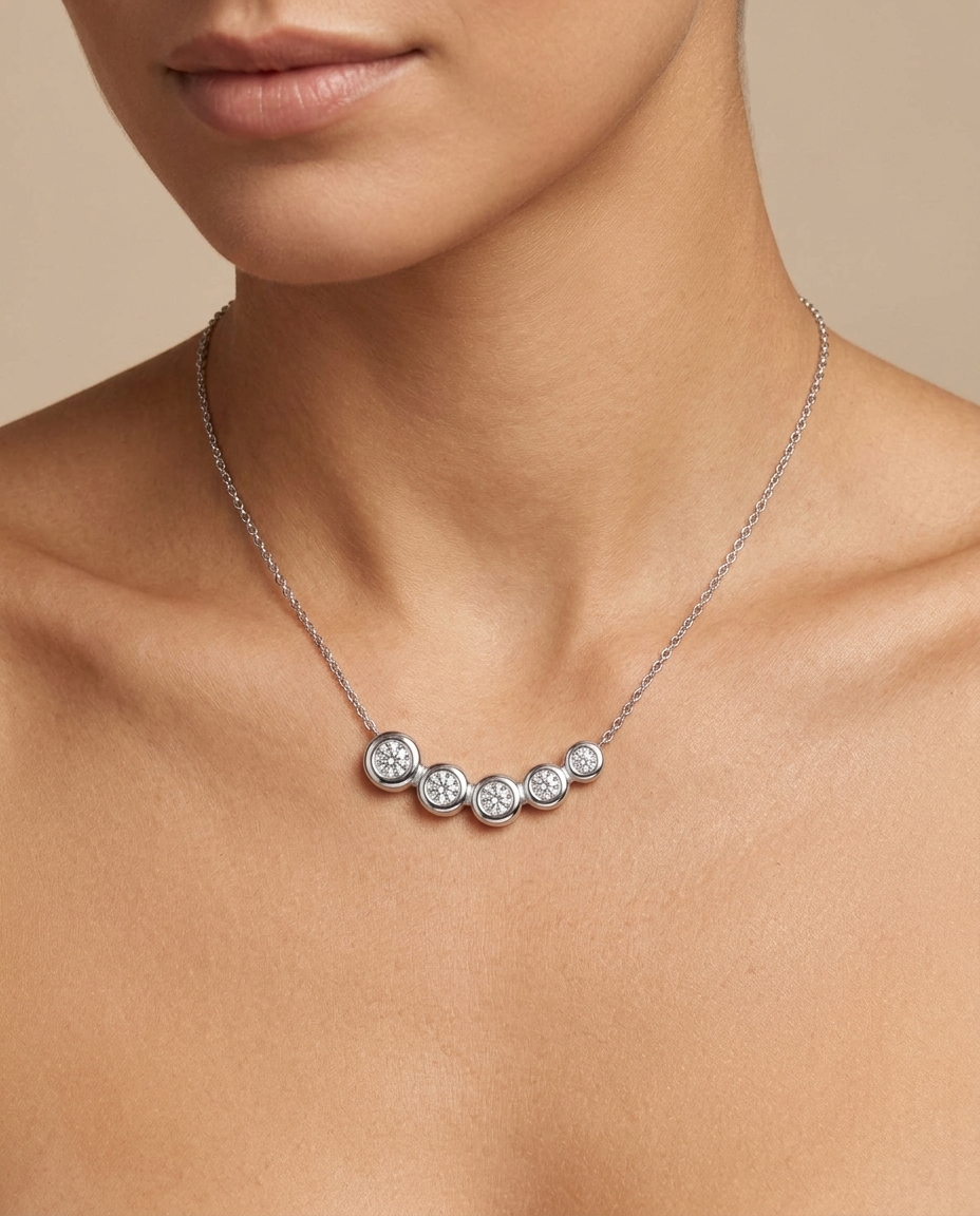 14KT Gold Diamond Bezel Set Necklace on model