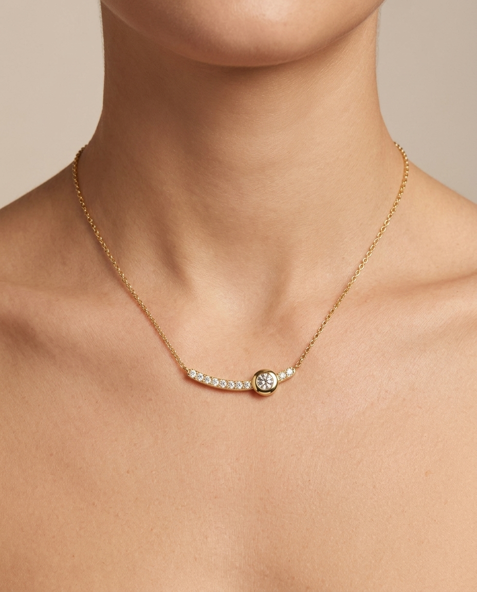 14KT Gold Diamond Bezel Set Necklace on model