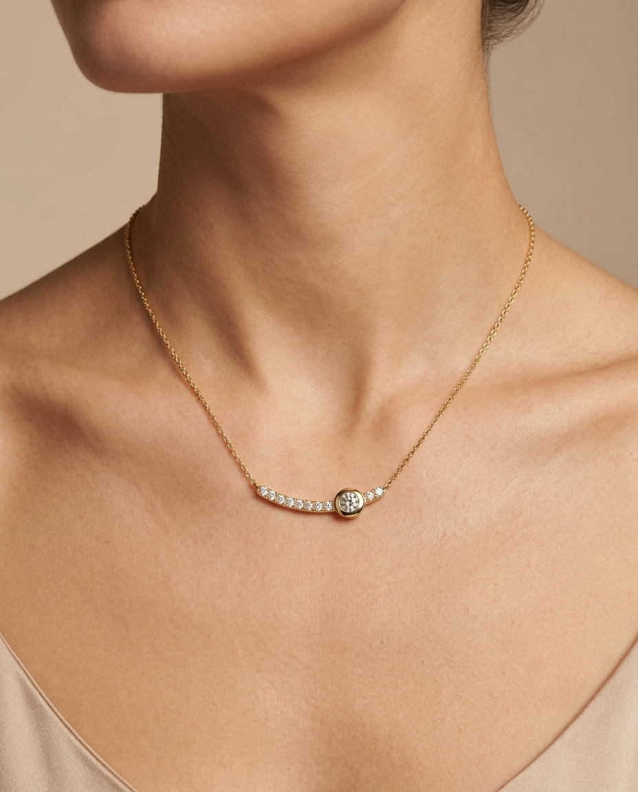 14KT Gold Diamond Bezel Set Necklace on model