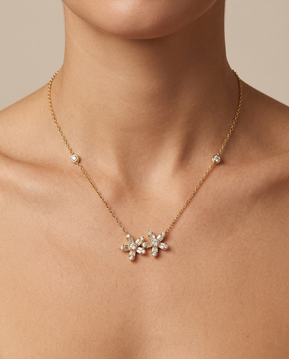 14KT Yellow Gold Diamond Flower Necklace on model