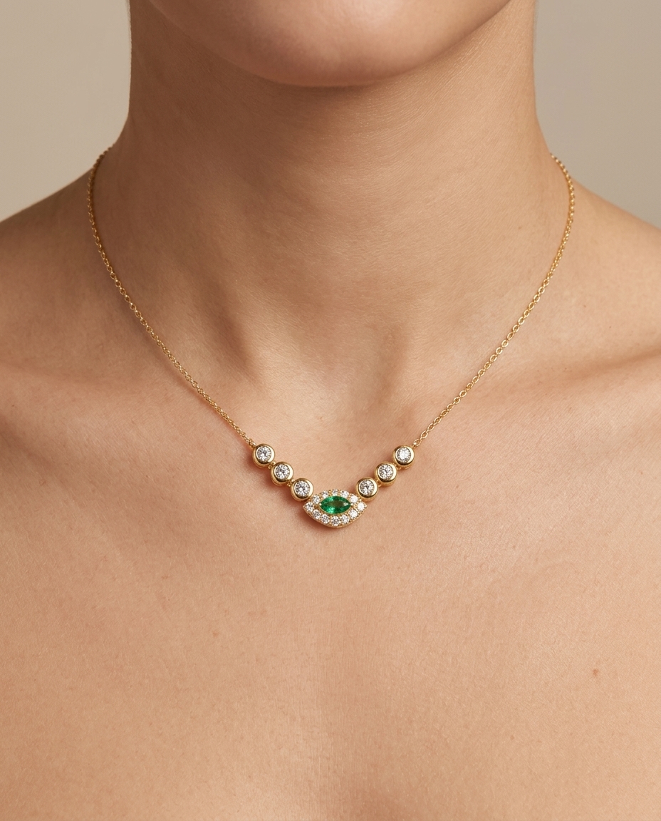 14KT Yellow Gold Emerald and Diamond Necklace on model