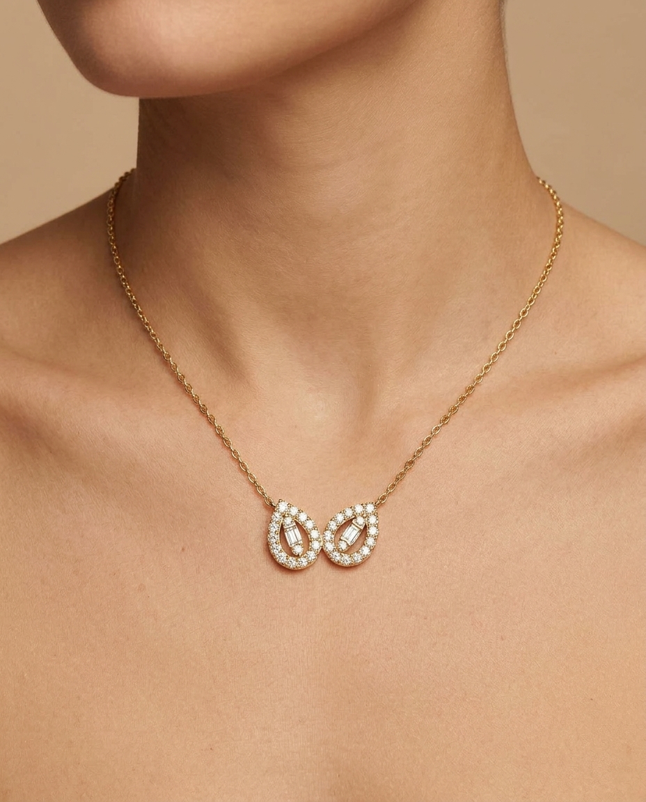 14KT Yellow Gold Diamond Necklace on model