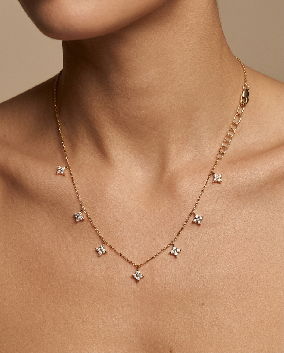 14KT Yellow Gold Diamond Necklace on model
