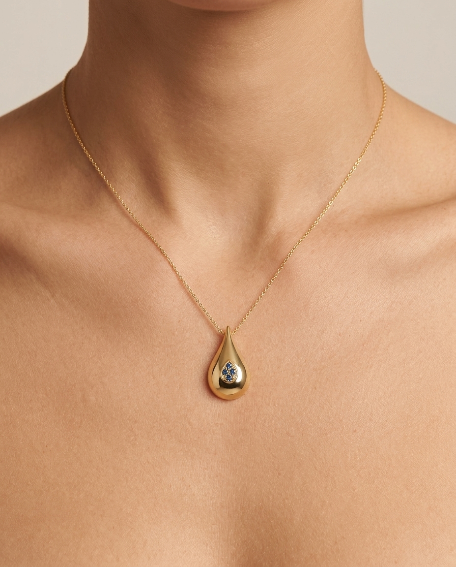 14KT Gold Diamonds Pear Shape Necklace on model