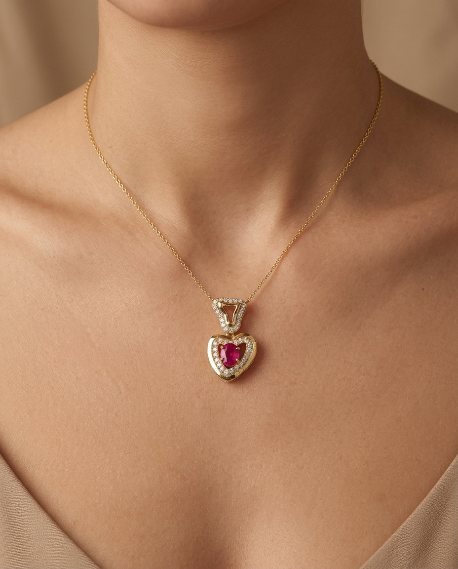14KT Gold Ruby and Diamonds Necklace on model