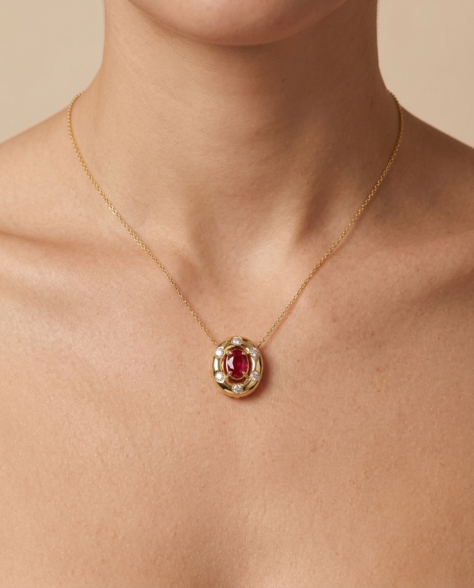 14KT Gold Ruby and Diamonds Necklace on model