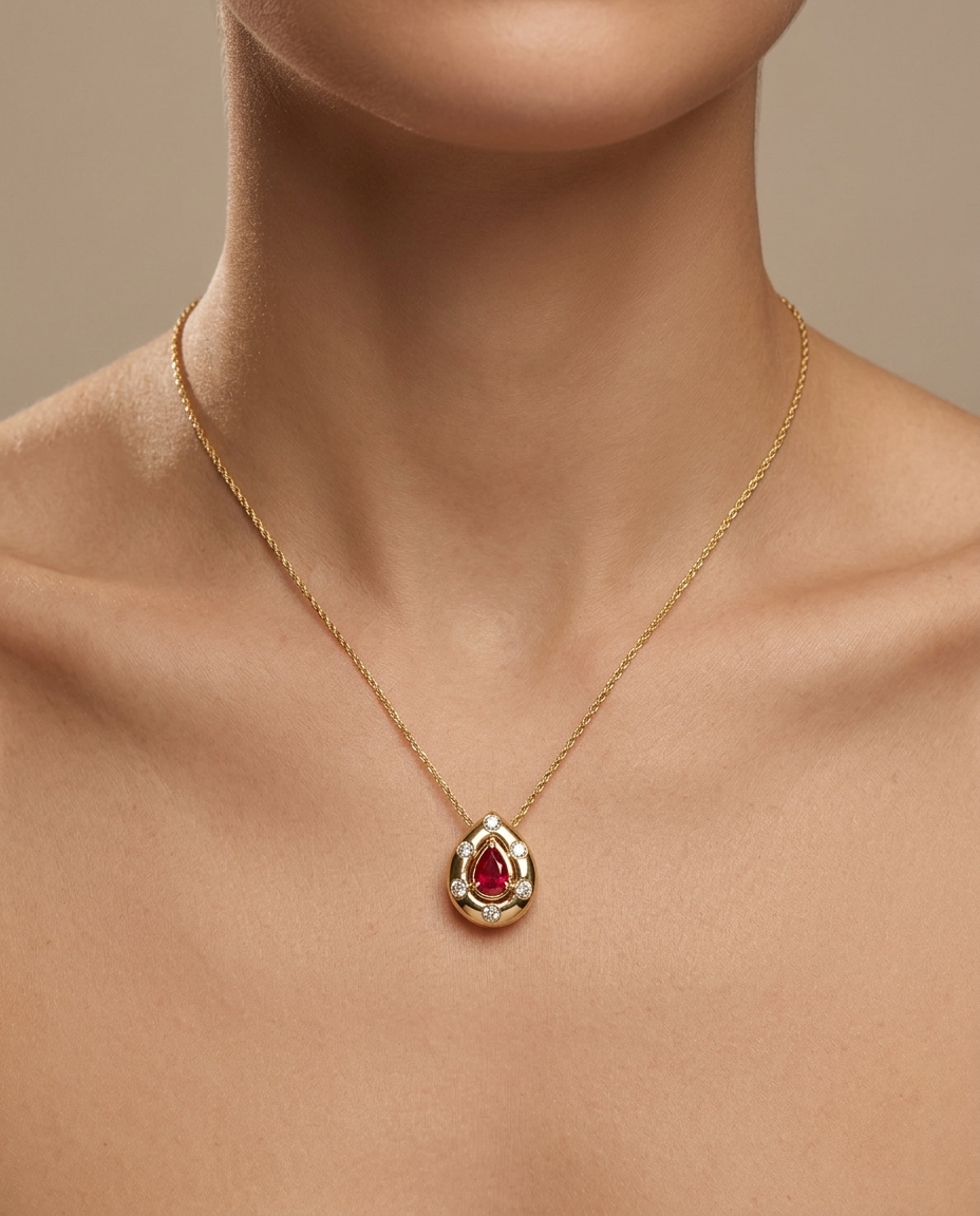 14KT Gold Ruby and Diamonds Pear Shape Necklace on model