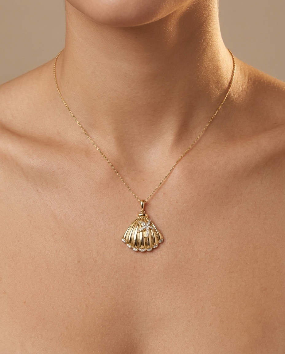 14KT Yellow Gold Diamond Pendant on model