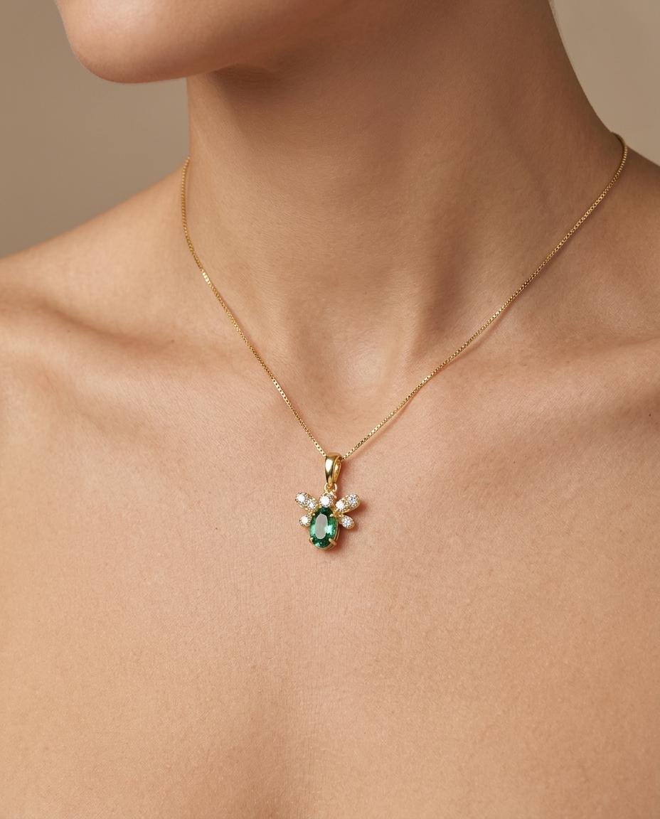 14KT Yellow Gold Emerald and Diamonds Bee Pendant on model