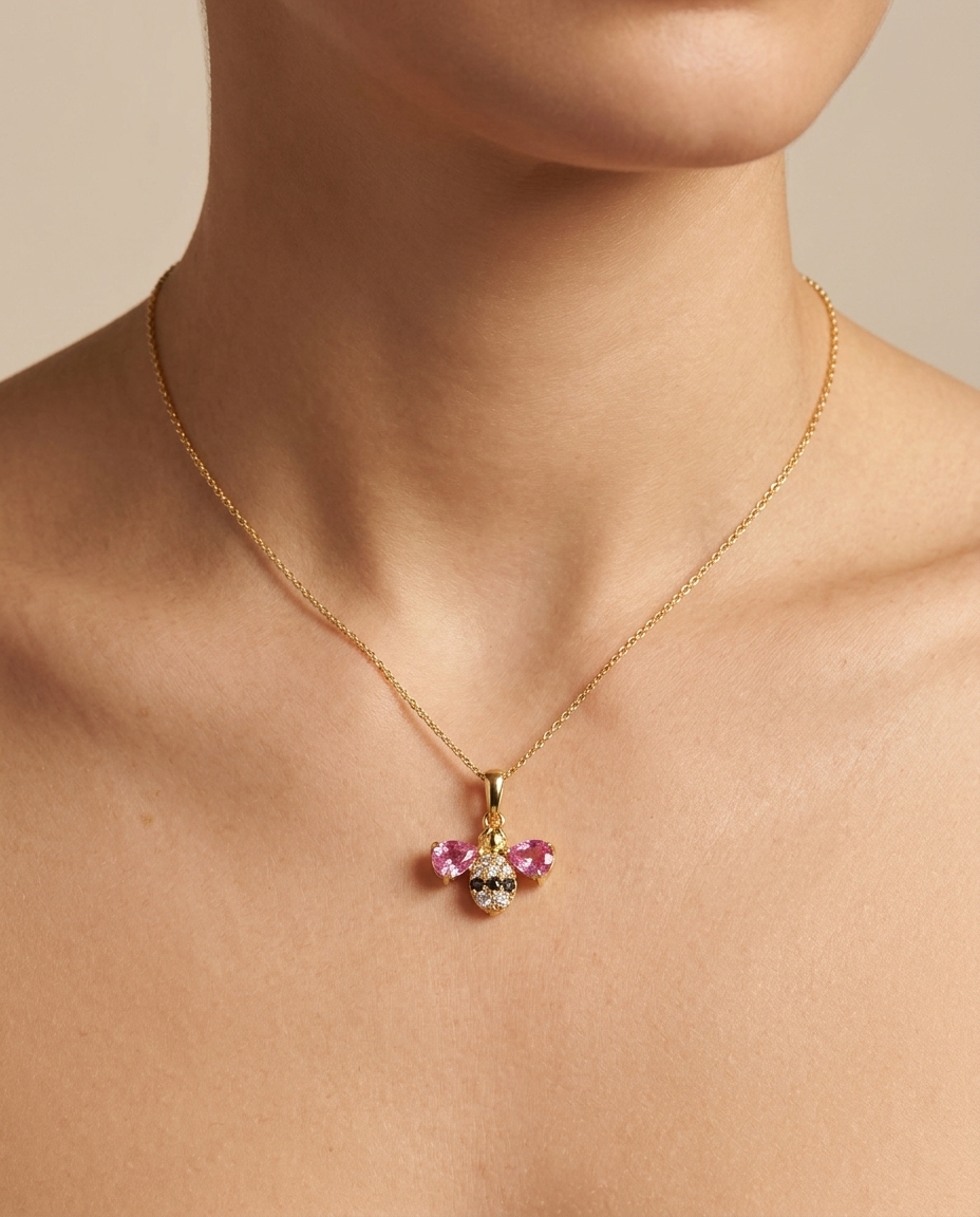 14KT Yellow Gold Pink Sapphire and Diamonds Bee Pendant on model