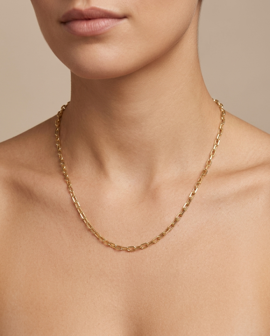 14KT Gold Paperclip Necklace on model