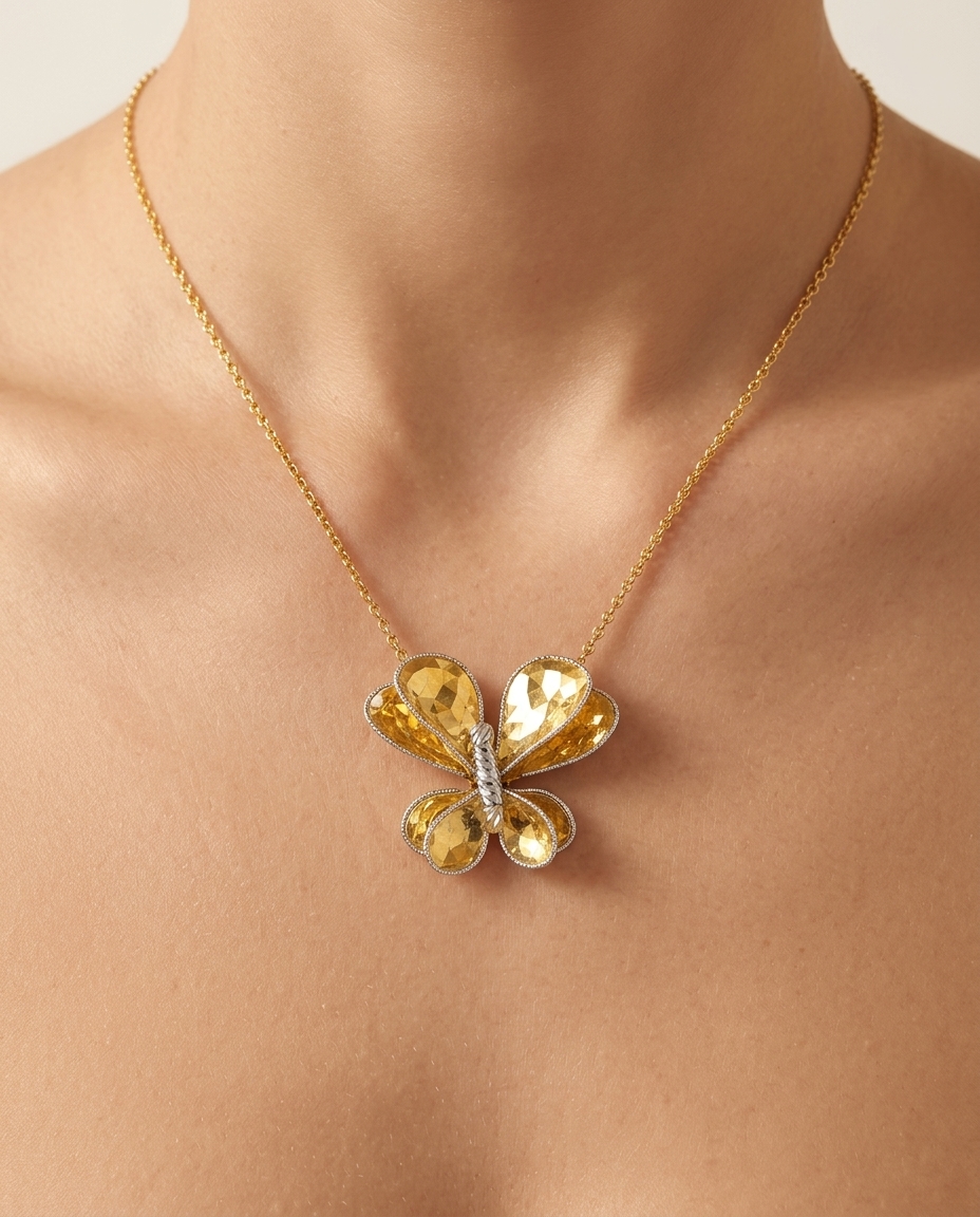 14KT Gold Butterfly Necklace on model