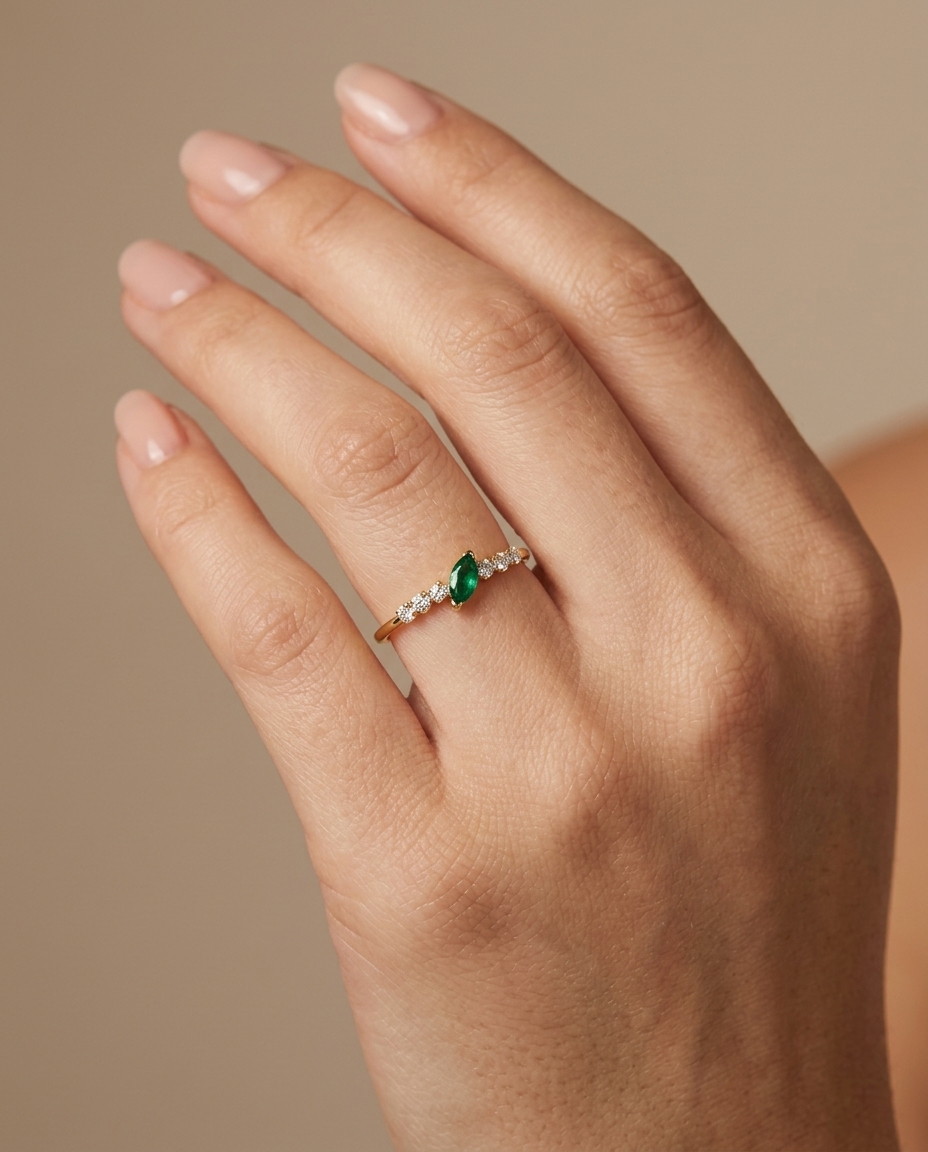 14KT Yellow Gold Emerald and Diamond Ring on model