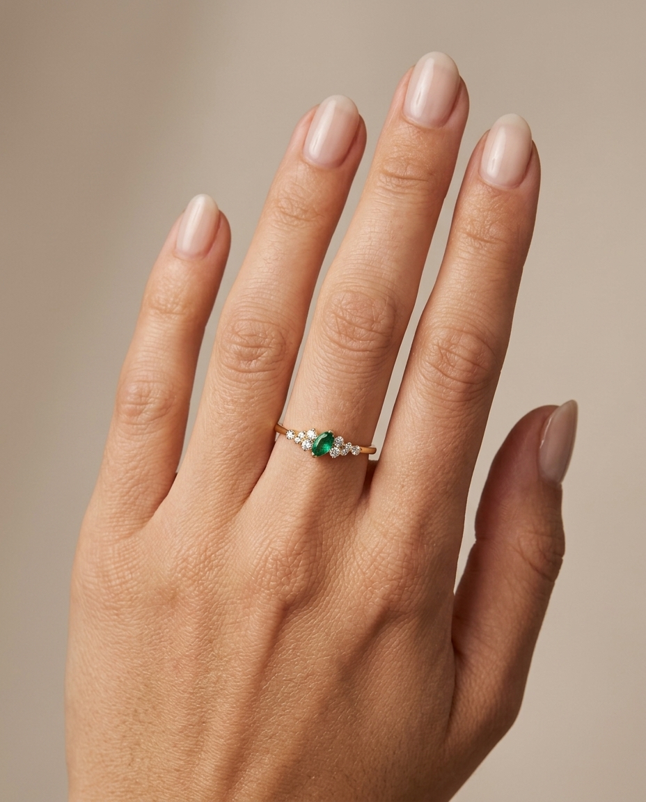 14KT Yellow Gold Emerald and Diamond Ring on model