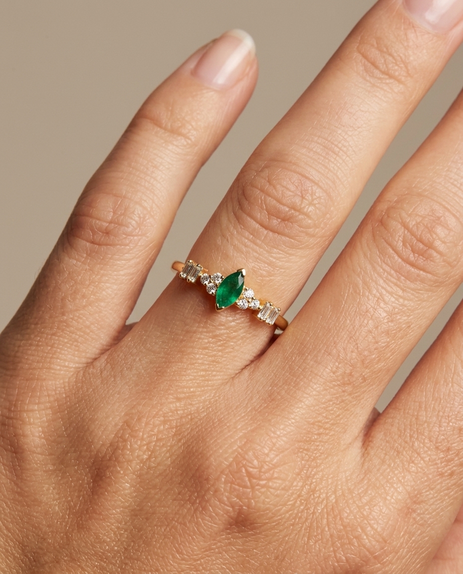 14KT Gold Emerald and Diamonds Ring on model