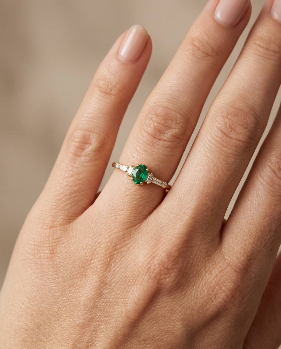 14KT Yellow Gold Emerald and Diamond Ring view 2