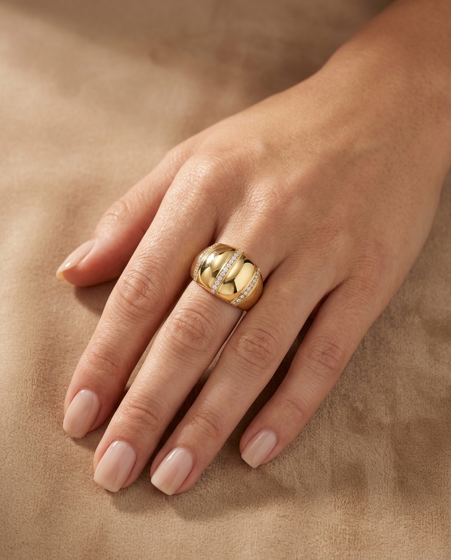 14KT Yellow Gold Diamond Donut Ring on model