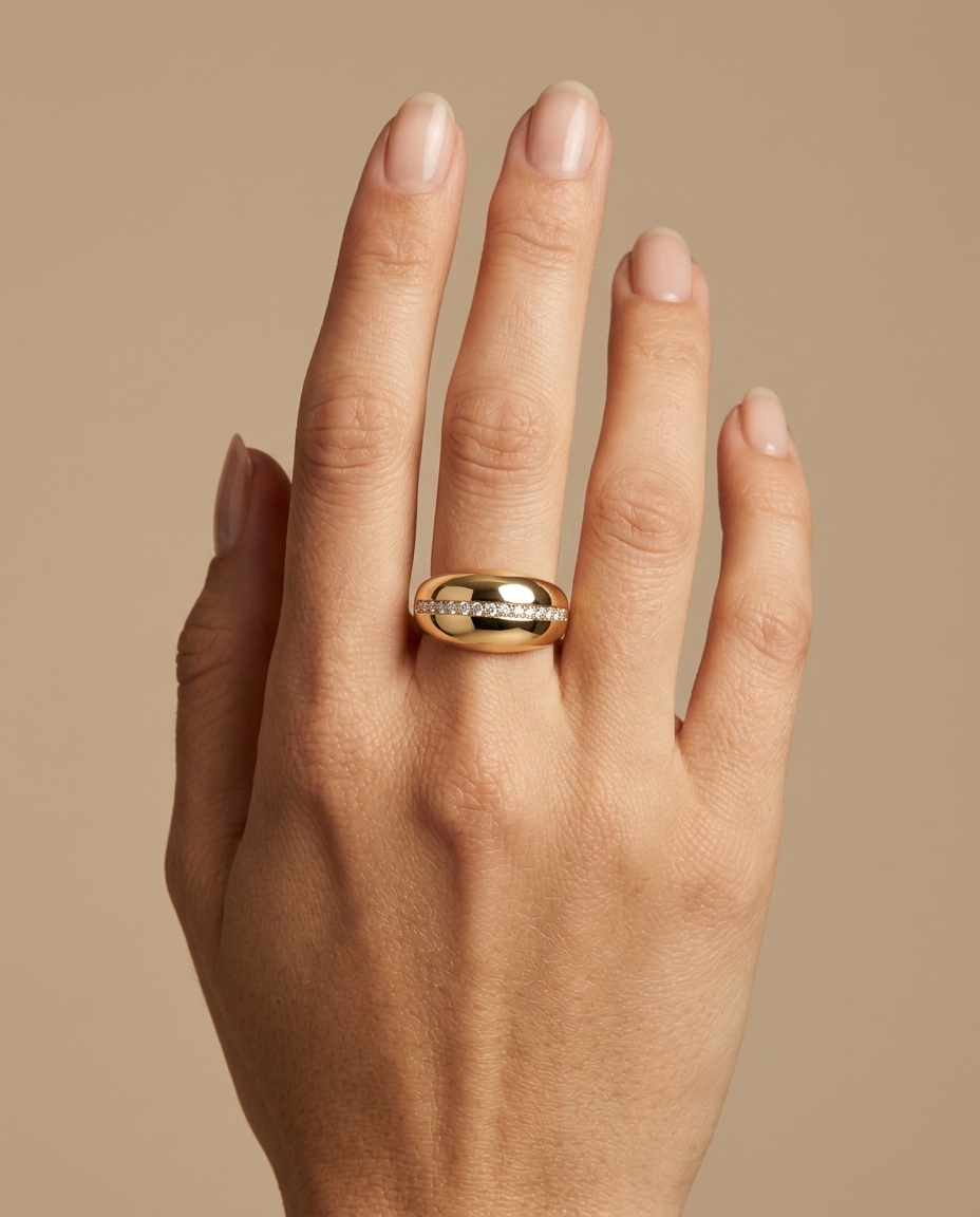 14KT Yellow Gold Diamond Donut Ring on model
