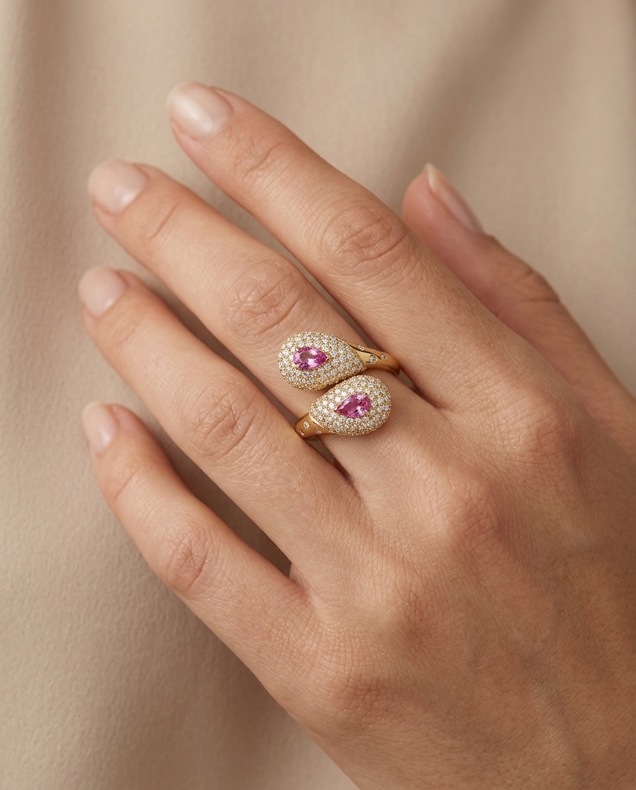 14KT Yellow Gold Pink Sapphire and Diamond Ring view 2