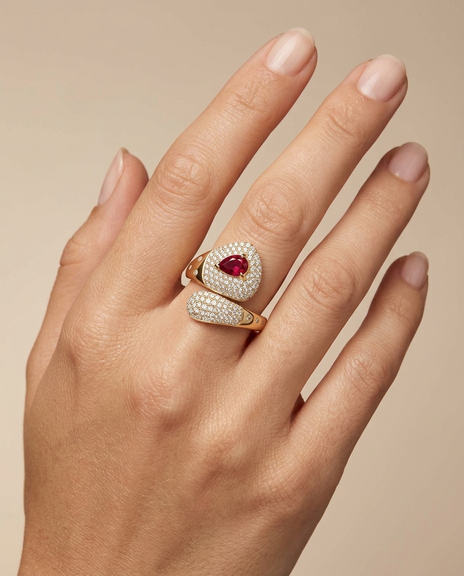 14KT Yellow Gold Ruby and Diamond Ring on model