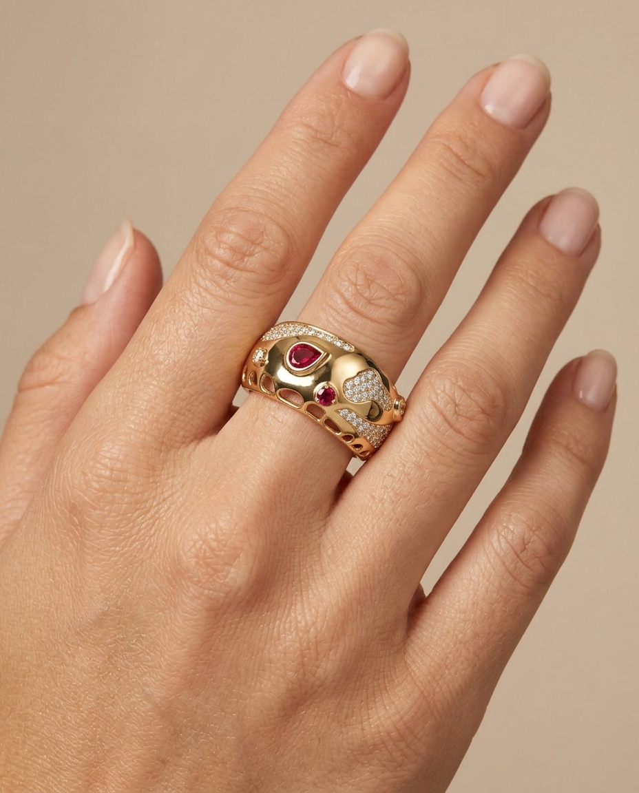 14KT Gold Ruby and Diamond Ring on model