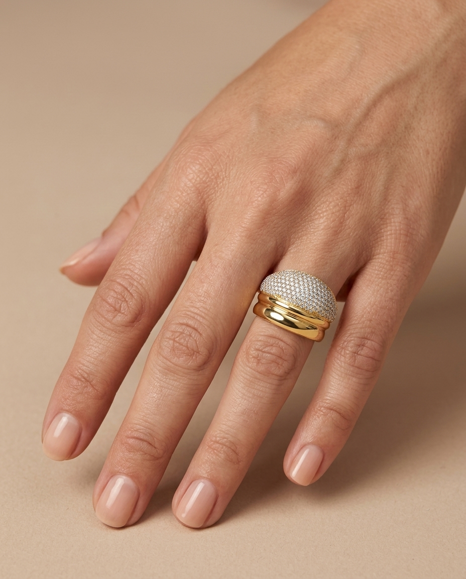 14KT Yellow Gold Diamonds Donut Ring on model