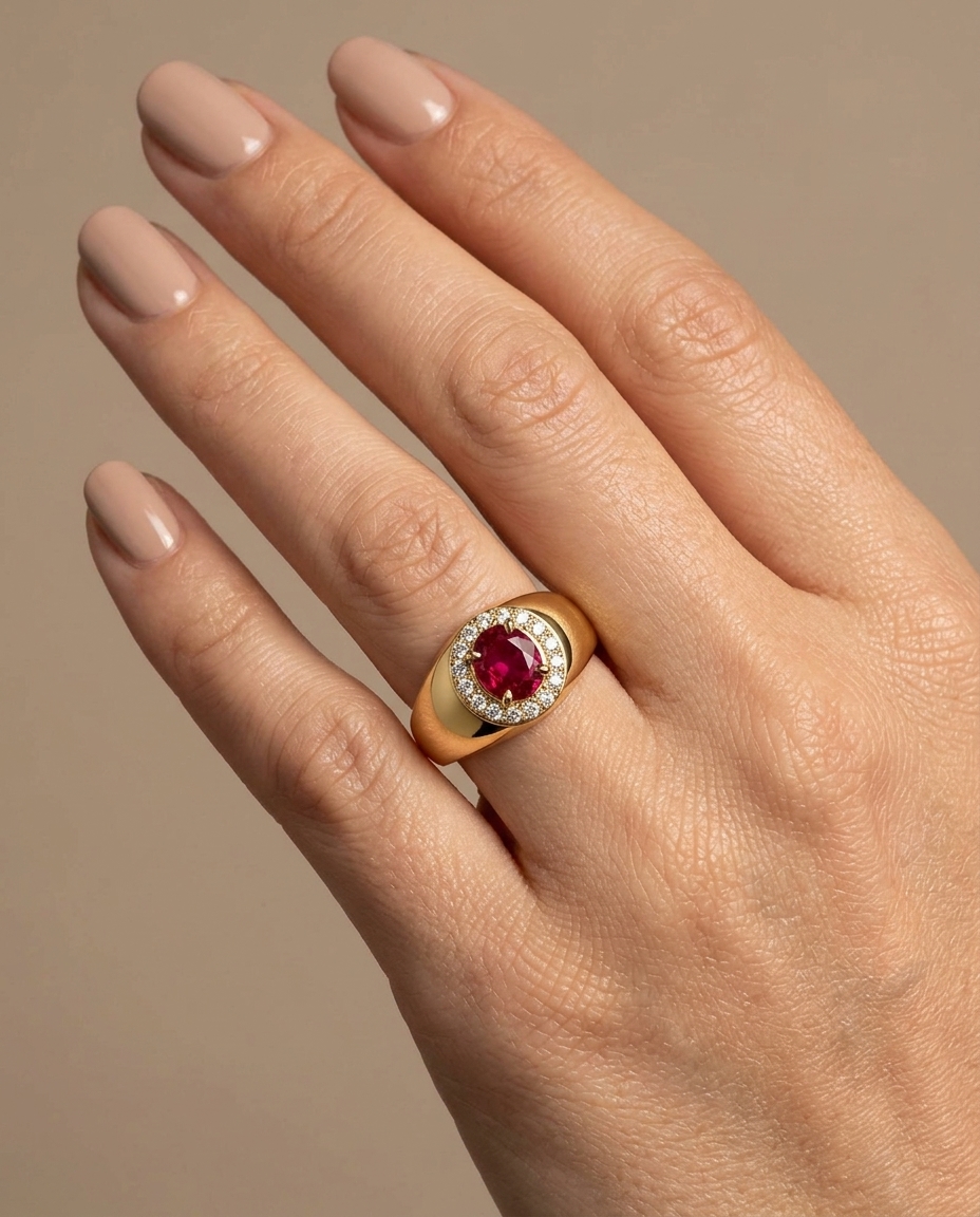 14KT Yellow Gold Ruby and Diamond Ring on model