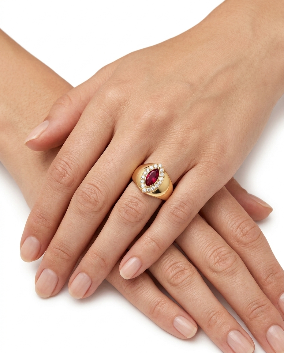 14KT Yellow Gold Ruby and Diamond Ring on model