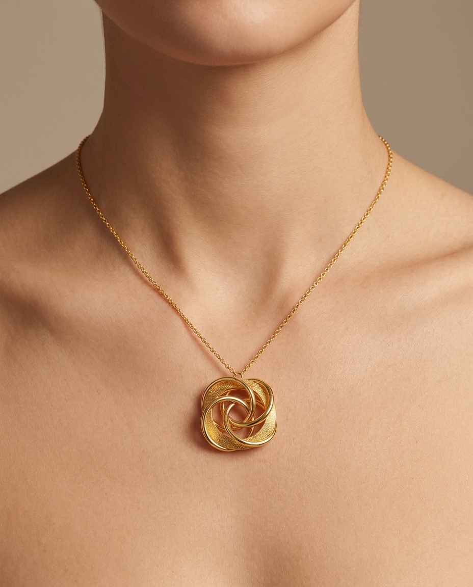 14KT Gold Interlocking Knot Flower Pendant Necklace on model
