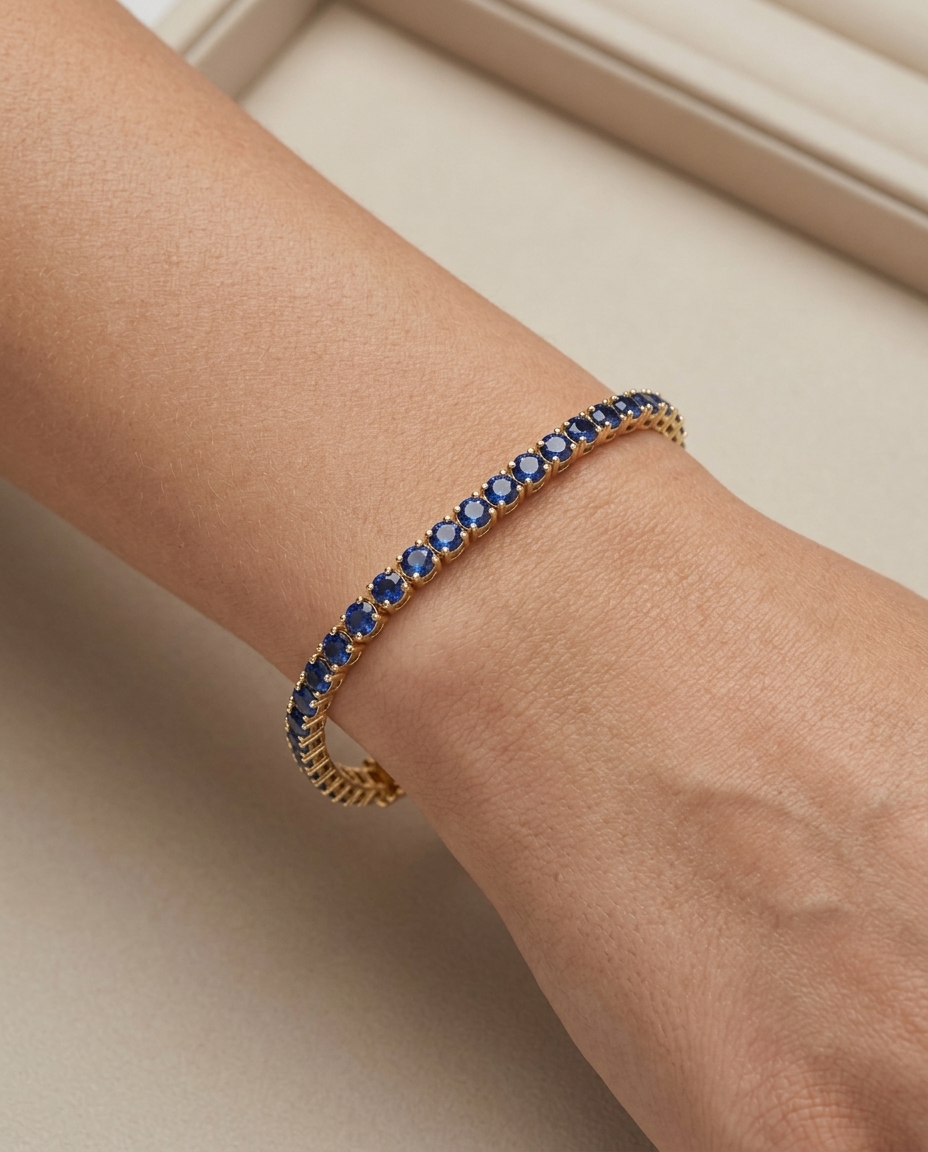 14KT Yellow Gold Blue Sapphire Bracelet on model