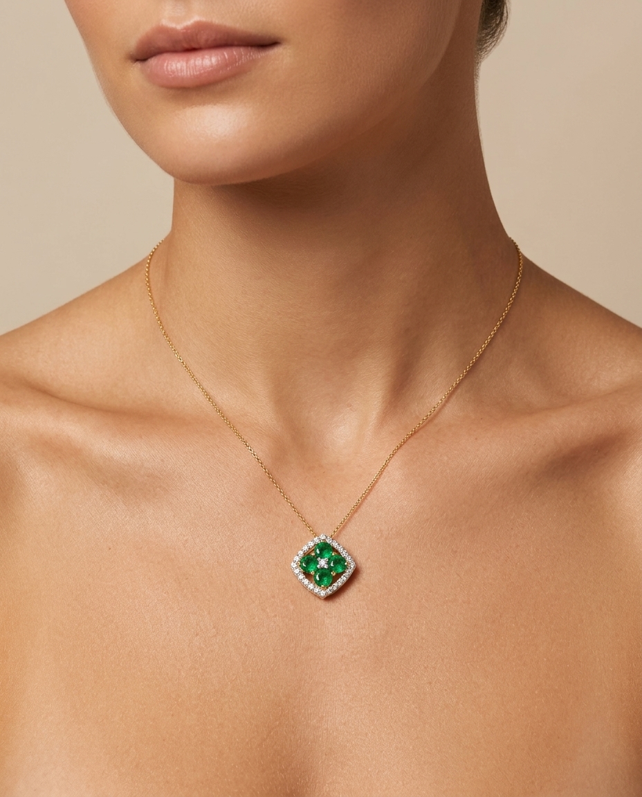 14KT Yellow Gold Pendant with Diamonds and Emerald view 2