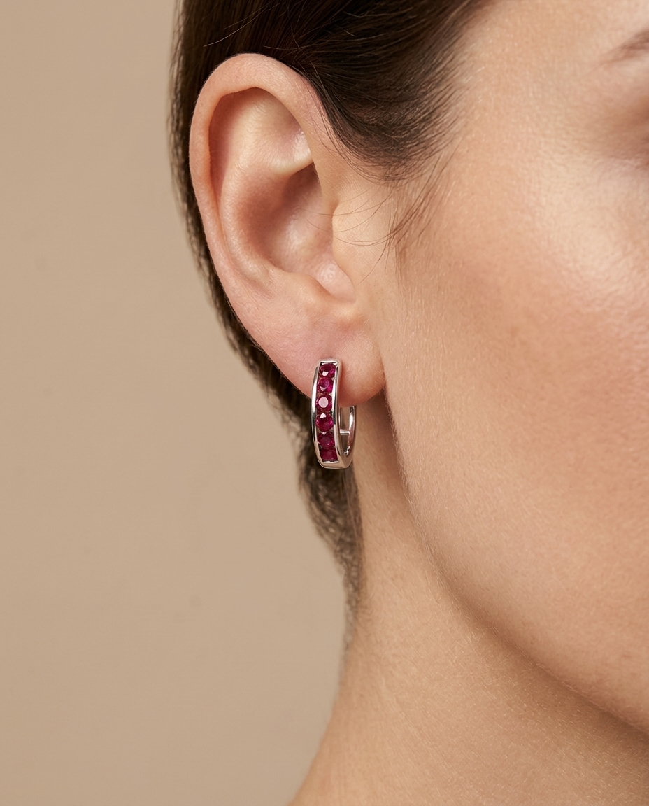 14KT White Gold Ruby Huggies Earring on model