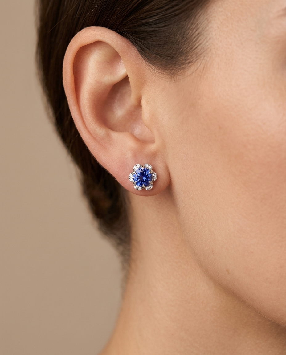 14KT Gold Tanzanite and Diamonds Stud Earring on model