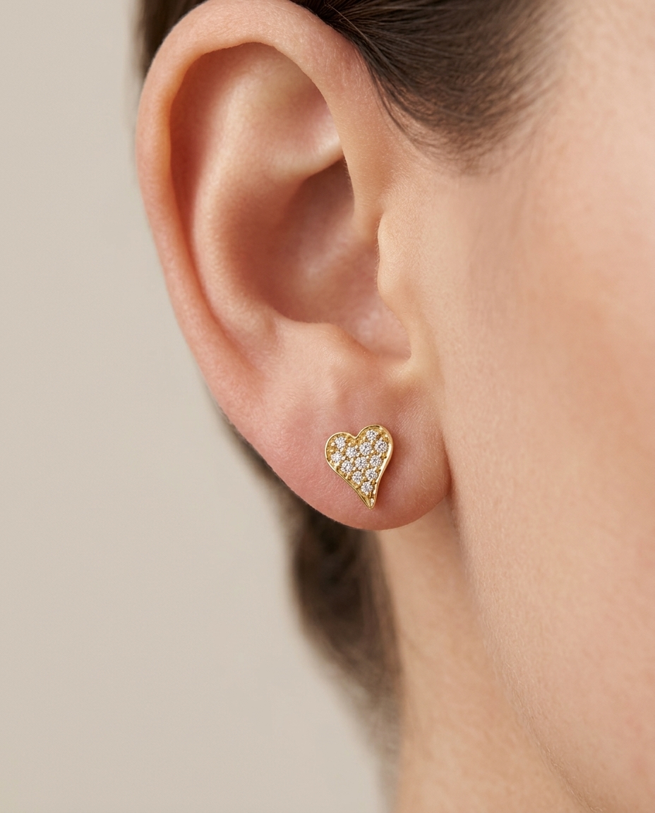 14KT Gold Diamond Heart Earring Studs on model