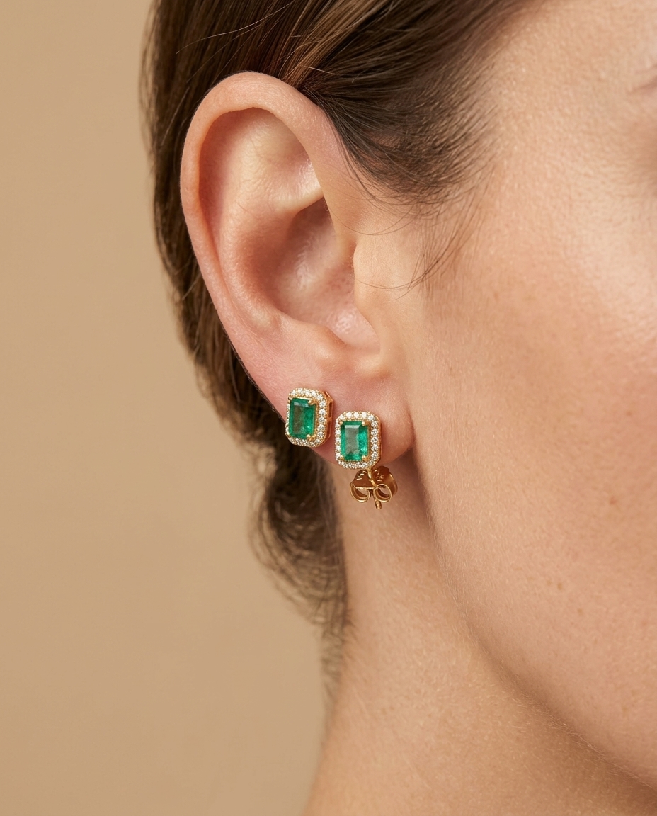 14KT Yellow Gold Emerald with Diamonds Earring on model