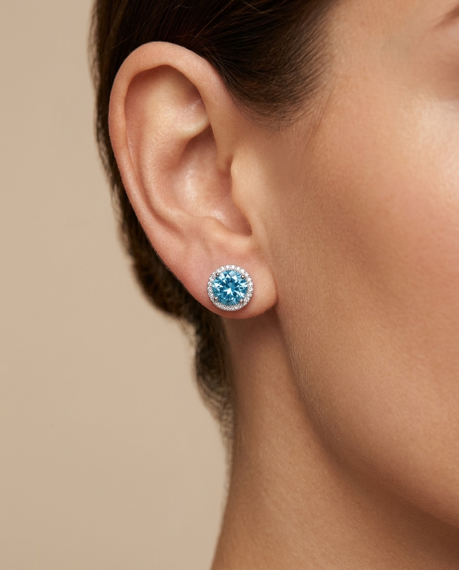 14KT White Gold Blue Zircon and Diamonds Earring view 2