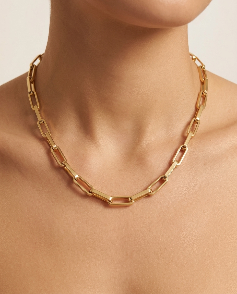 14KT Gold Paperclip Necklace on model