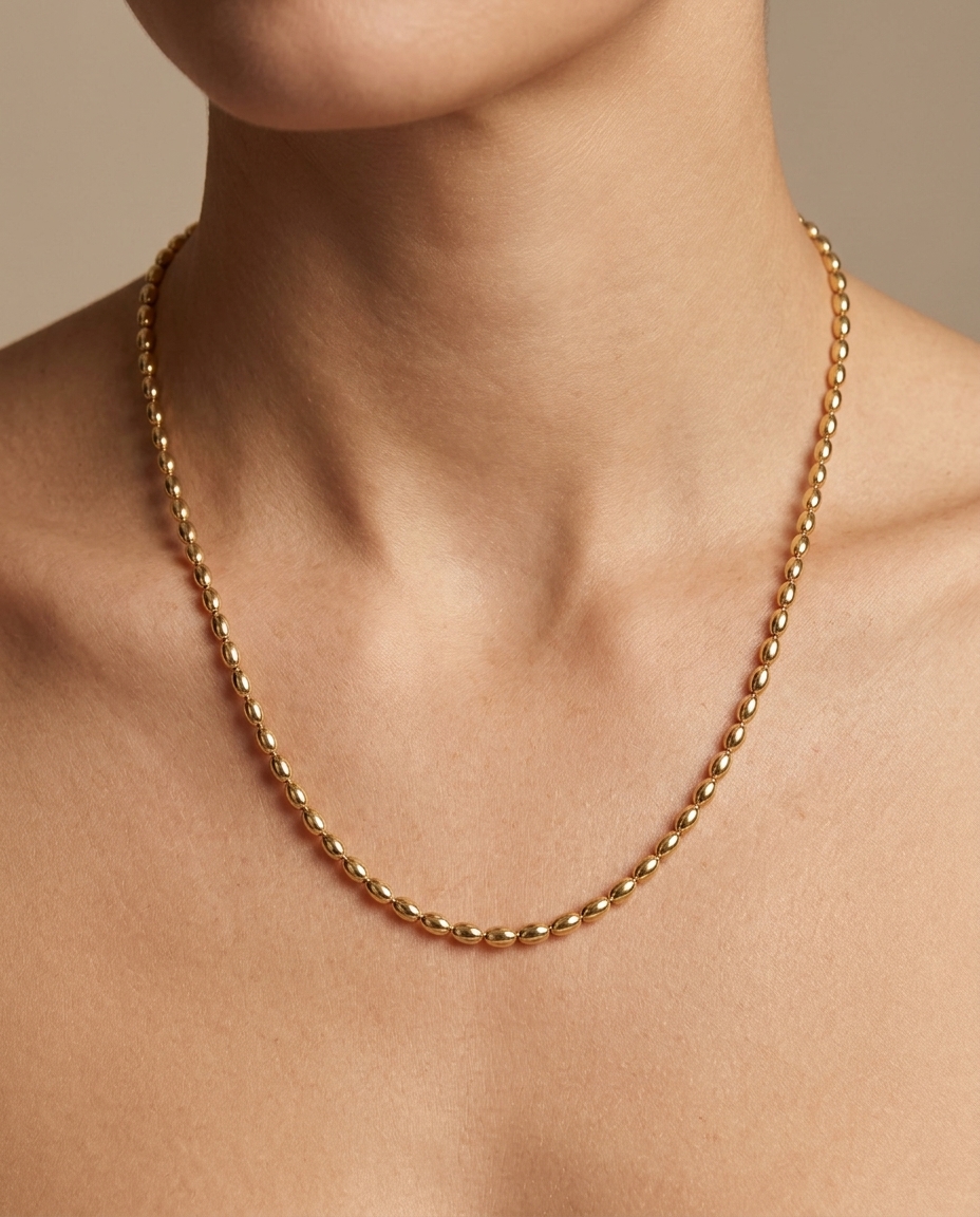 14KT Yellow Gold Beaded Chain Necklace on model