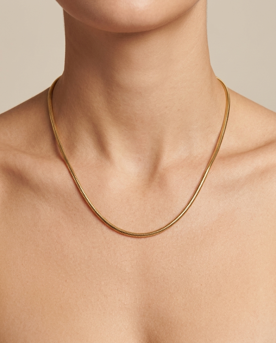 14KT Gold Round Snake Chain Necklace view 2
