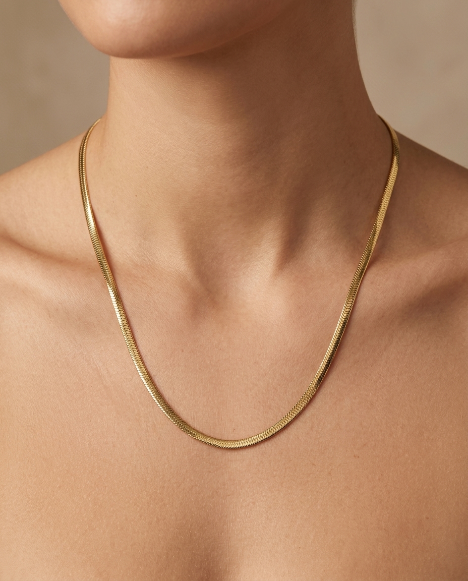 14KT Gold 2.6 MM Flate Snake Necklace on model