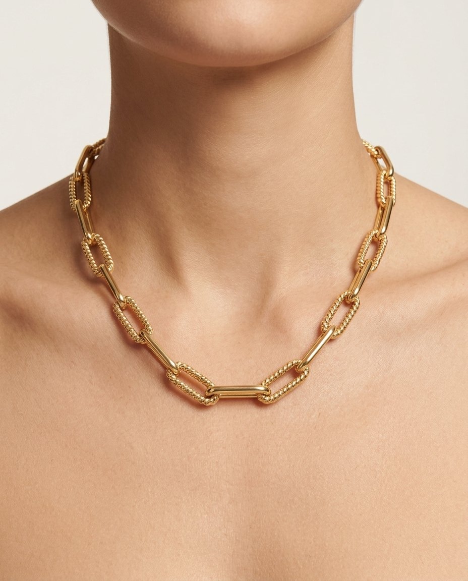 14KT Gold Paperclip Twisted Necklace on model