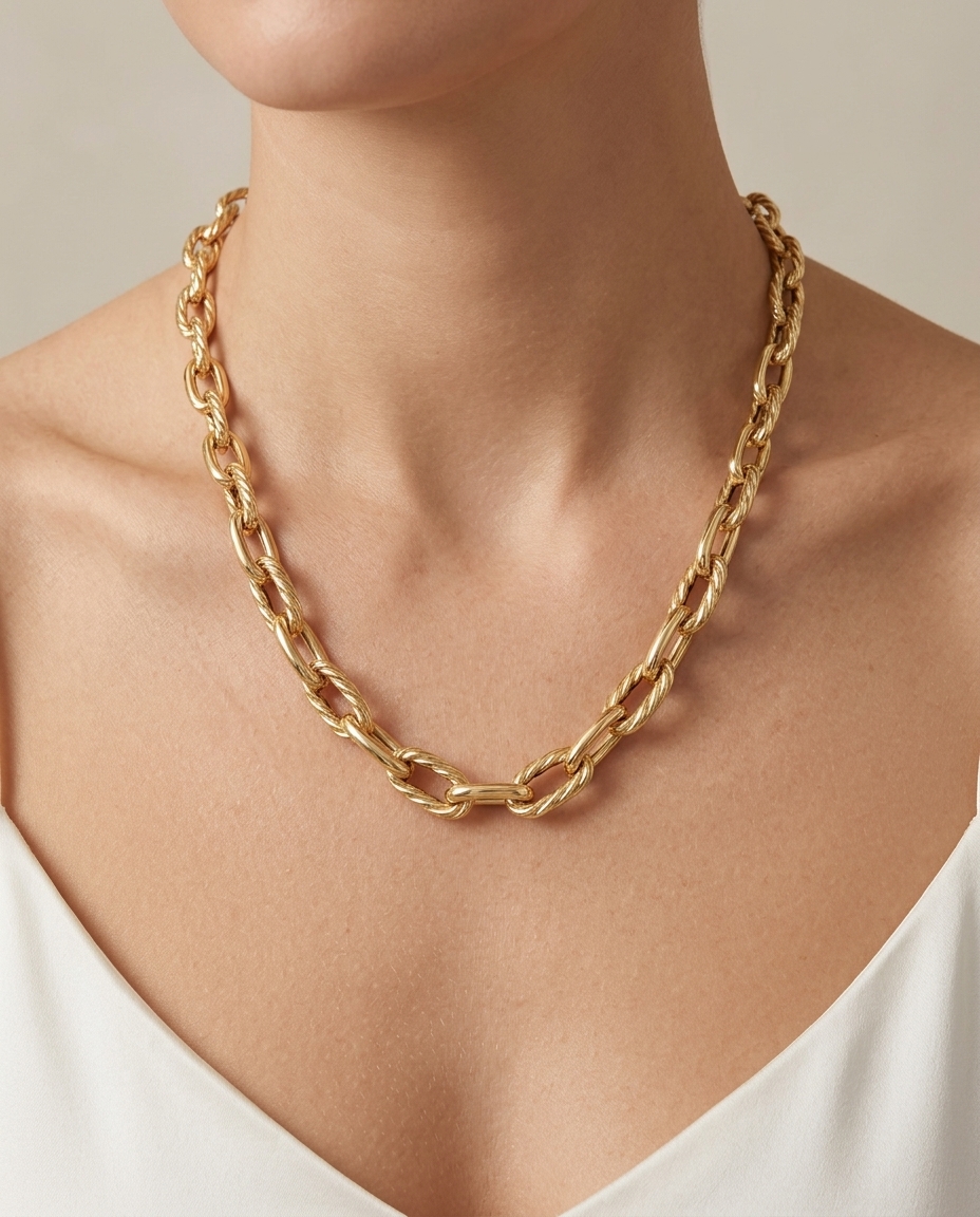 14KT Yellow Gold Paperclip Twisted Necklace on model
