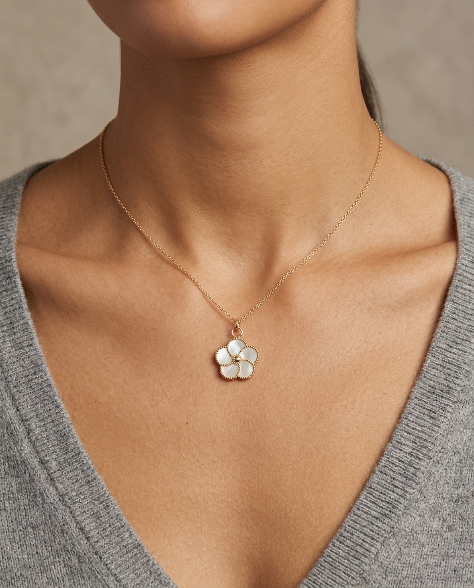 14KT Yellow Gold Mother of Pearl Flower Pendant on model