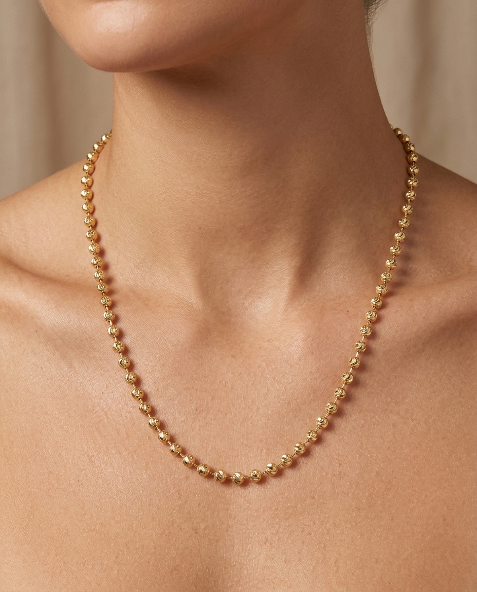 14KT Gold Diamond Cut Ball Chain Necklace on model
