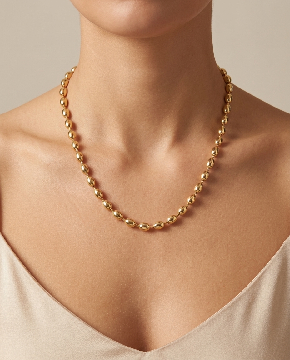 14KT Yellow Gold Bead Chain Link Necklace on model