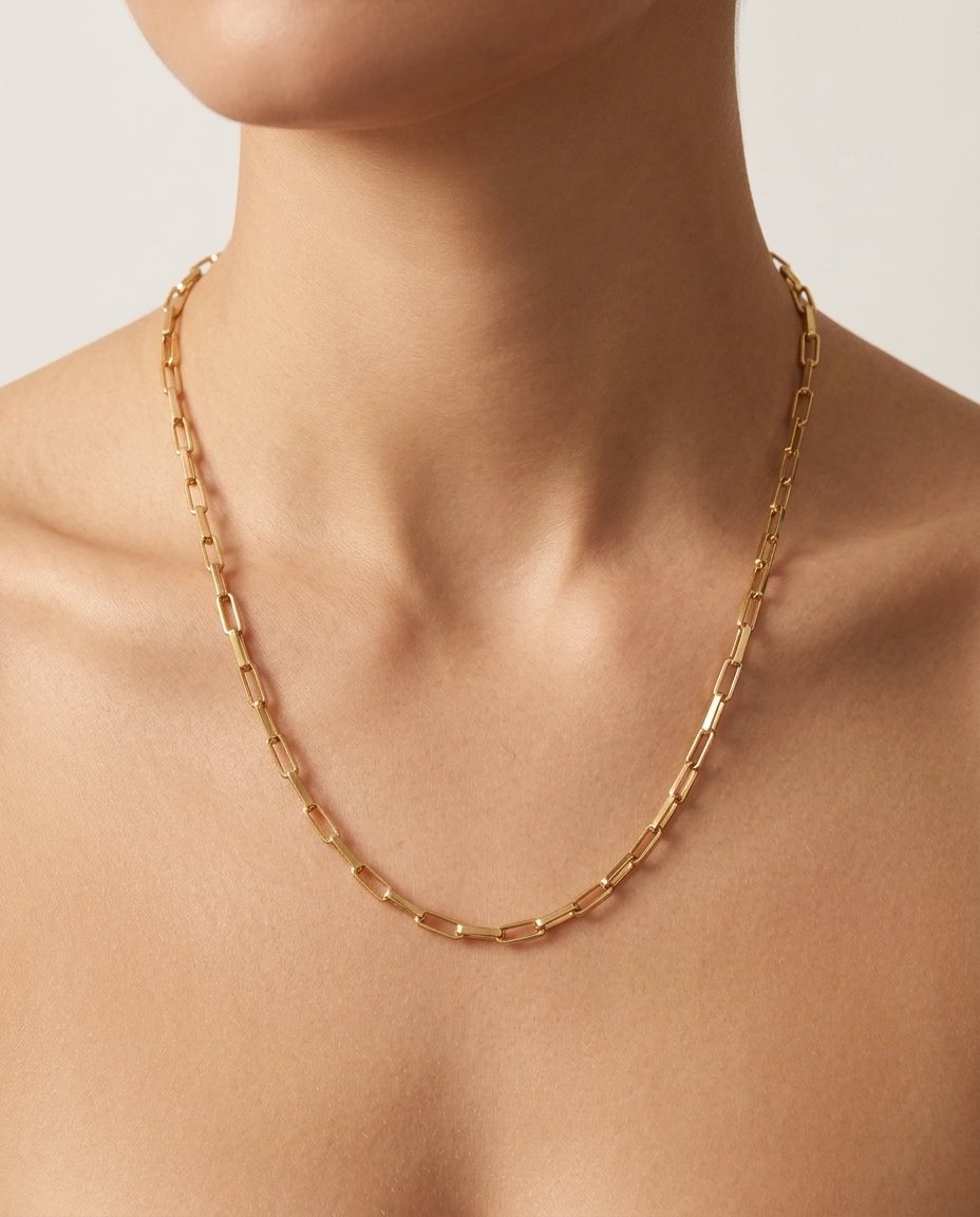 14KT Gold Paperclip Necklace 18" on model
