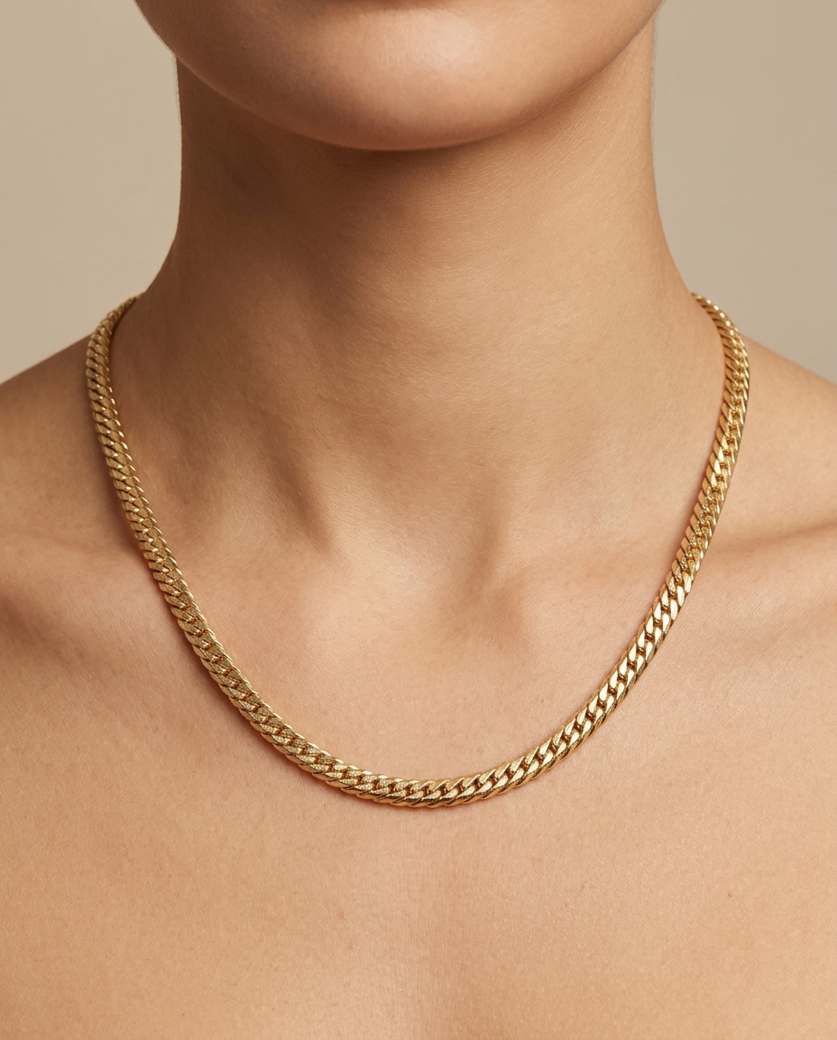 14KT Gold Flat Textured Cuban Necklace on model