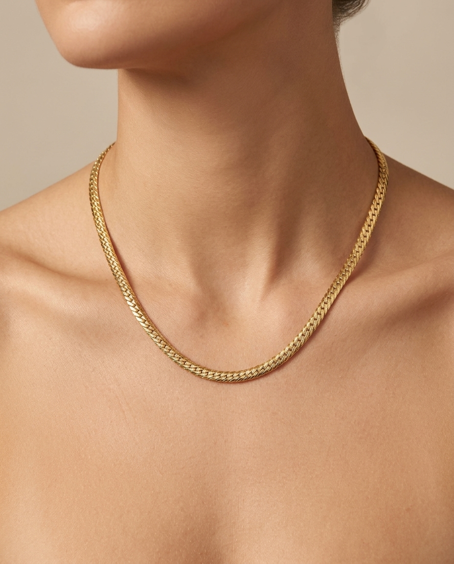 14KT Gold Flat Textured Cuban Necklace on model