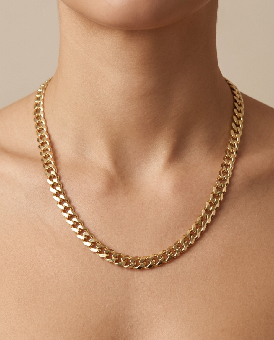 14KT Gold 5 MM Flat Cuban Necklace on model